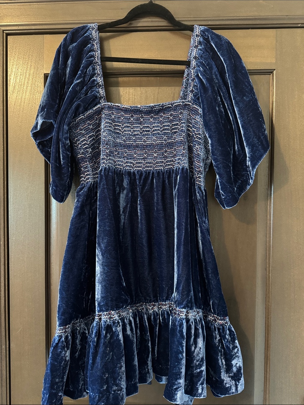 Free People Blue and Velvet Smocked Mini Dress